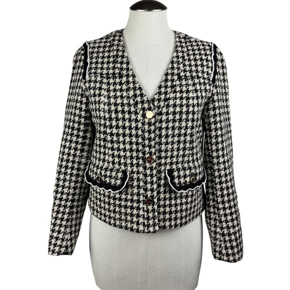 Sandro Houndstooth Blazer Womens 4 Black Cream Gold Buttons Career Jacket - Picture 1 of 12